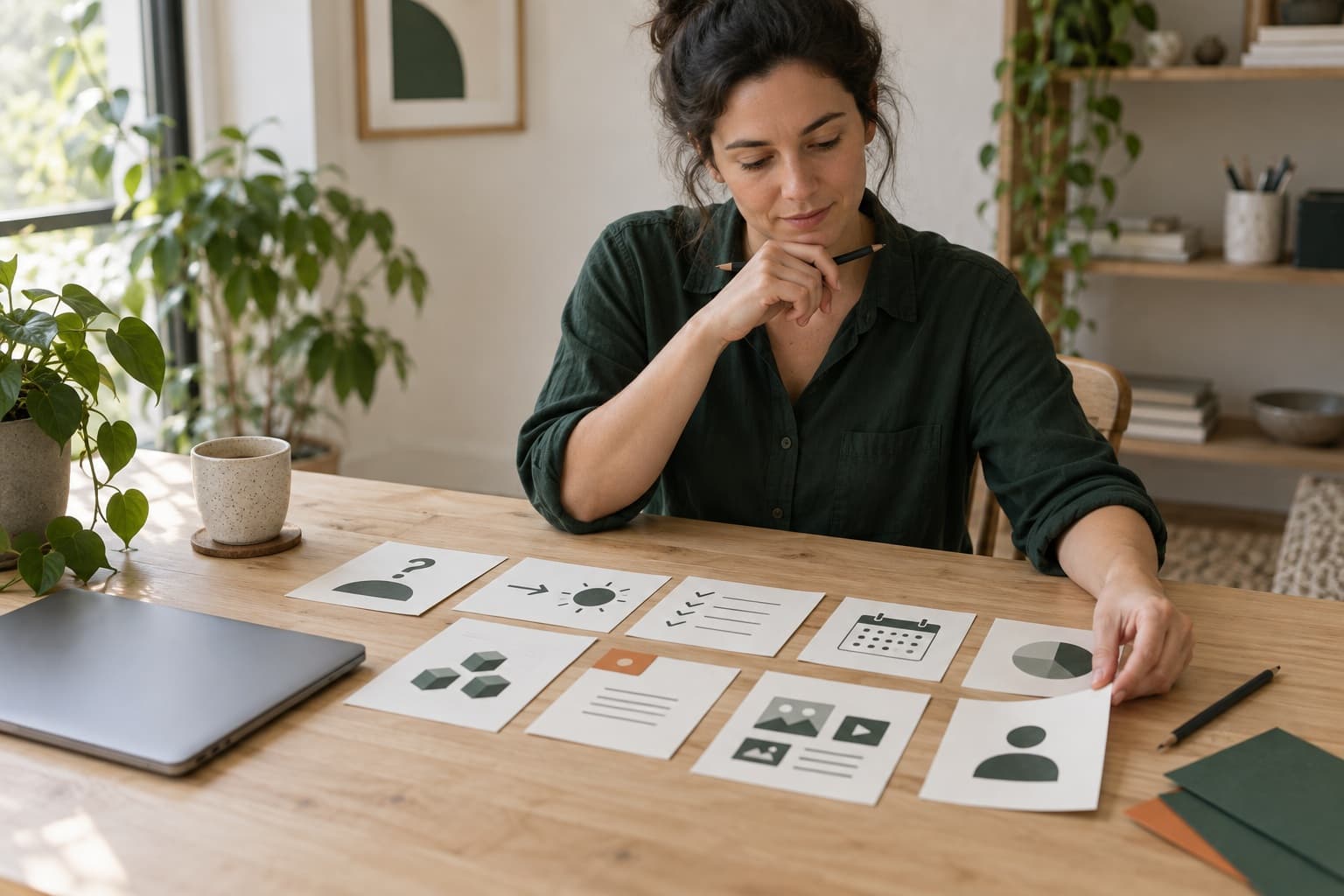A small-business owner organizing project goals, deliverables, timing, and responsibilities before hiring a freelancer