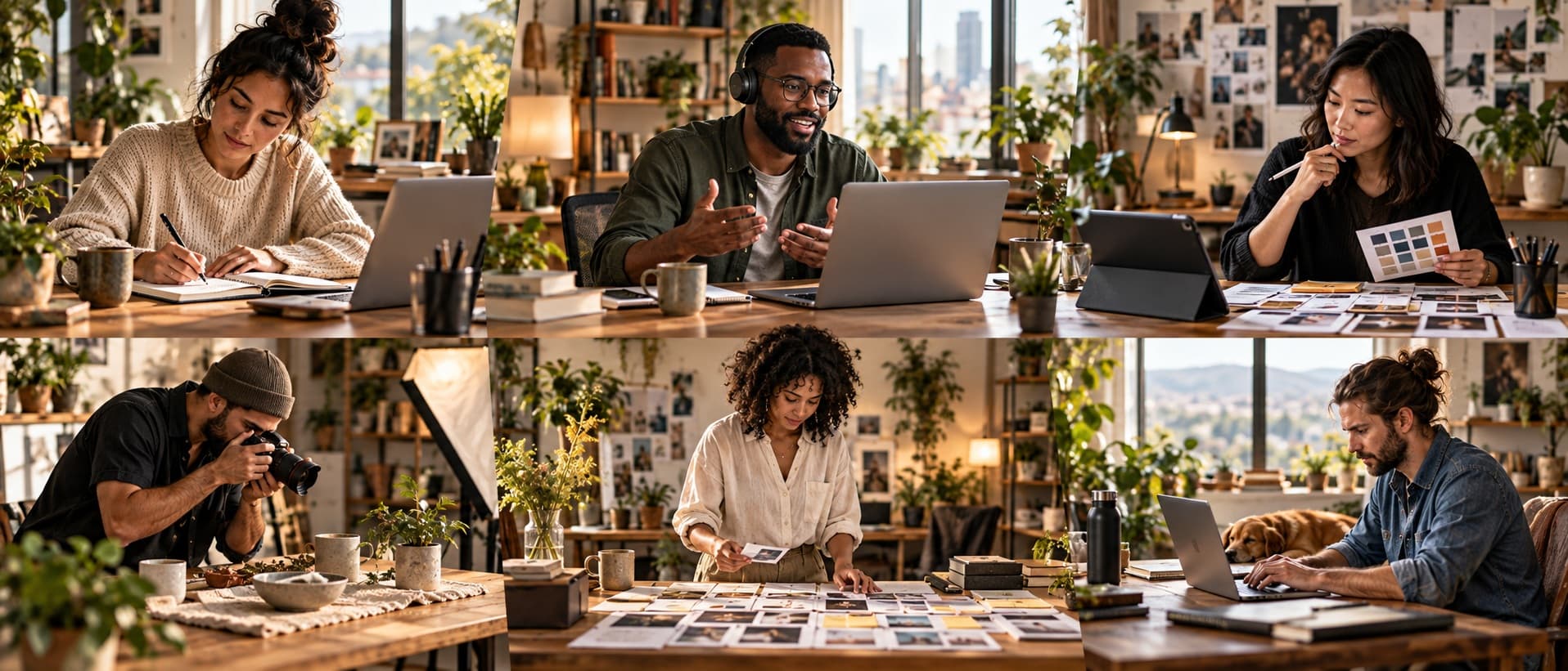 Six freelancers working independently in a shared creative studio